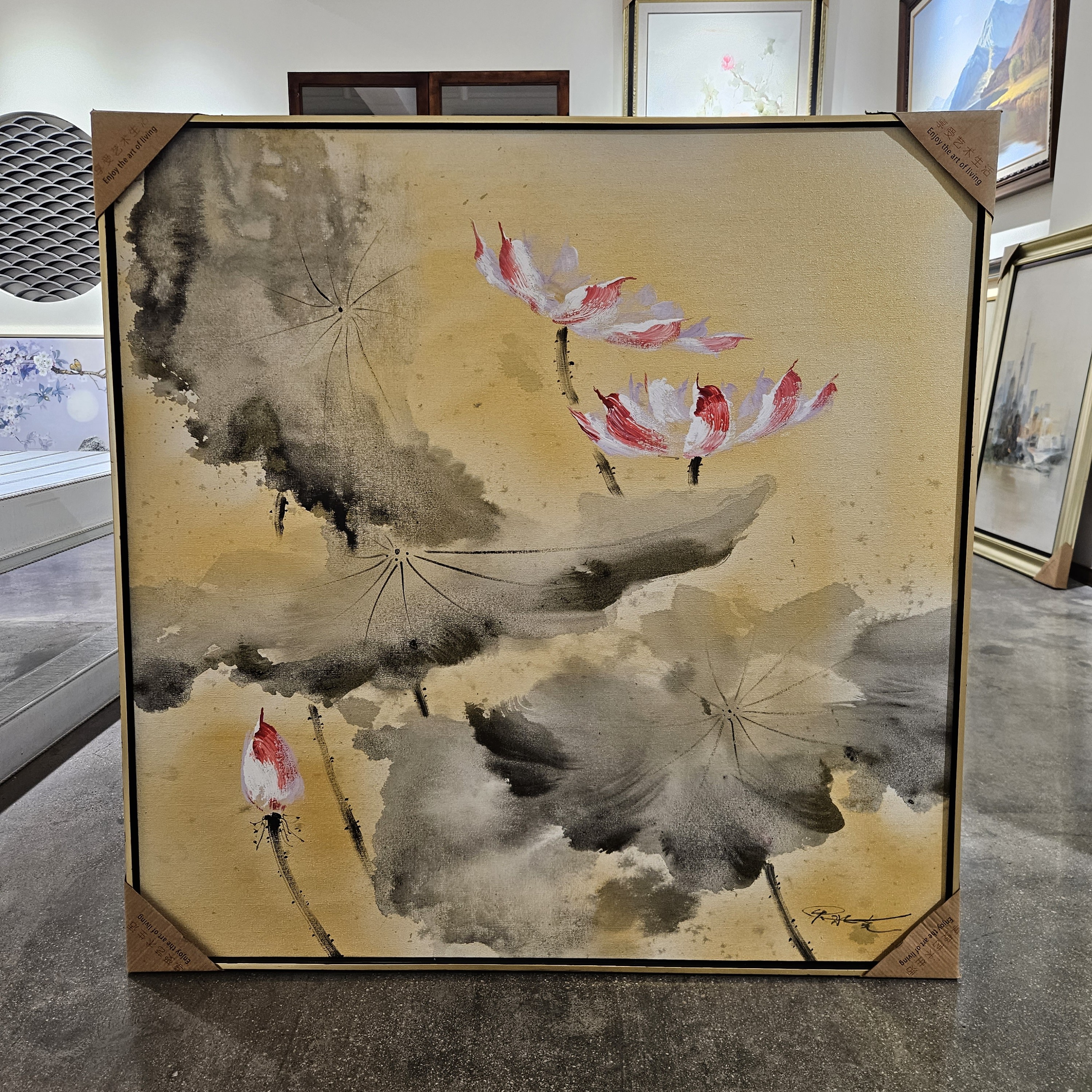 手工新中式中古风茶室书房装饰画客厅茶文化禅意壁画带框92*92cm