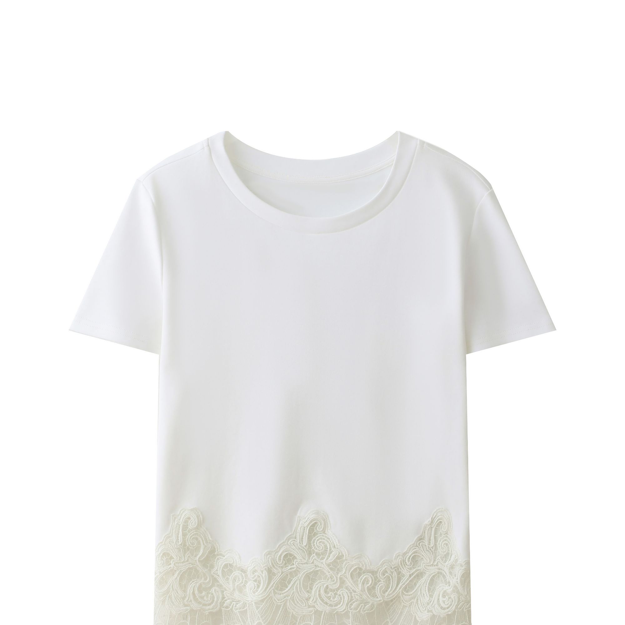 100%埃及棉2025年新款高级感夏季蕾丝拼接下摆百搭圆领T恤XI8003