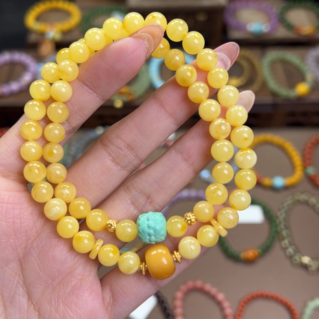 蜜蜡手链银S925镶嵌双圈