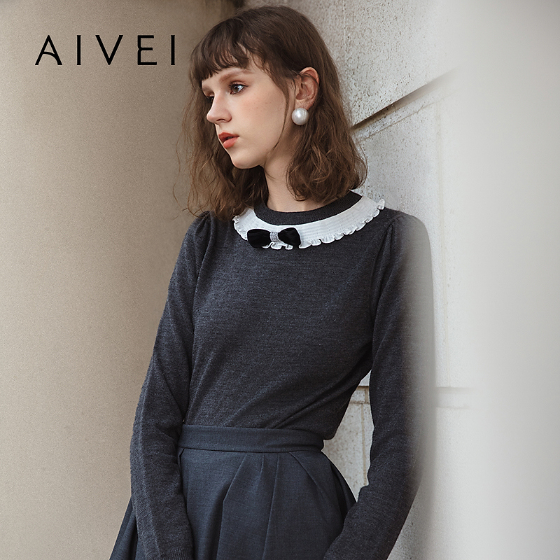 【陈大可专属】AIVEI欣贺艾薇冬季蝴蝶结半高领打底针织衫R763903A