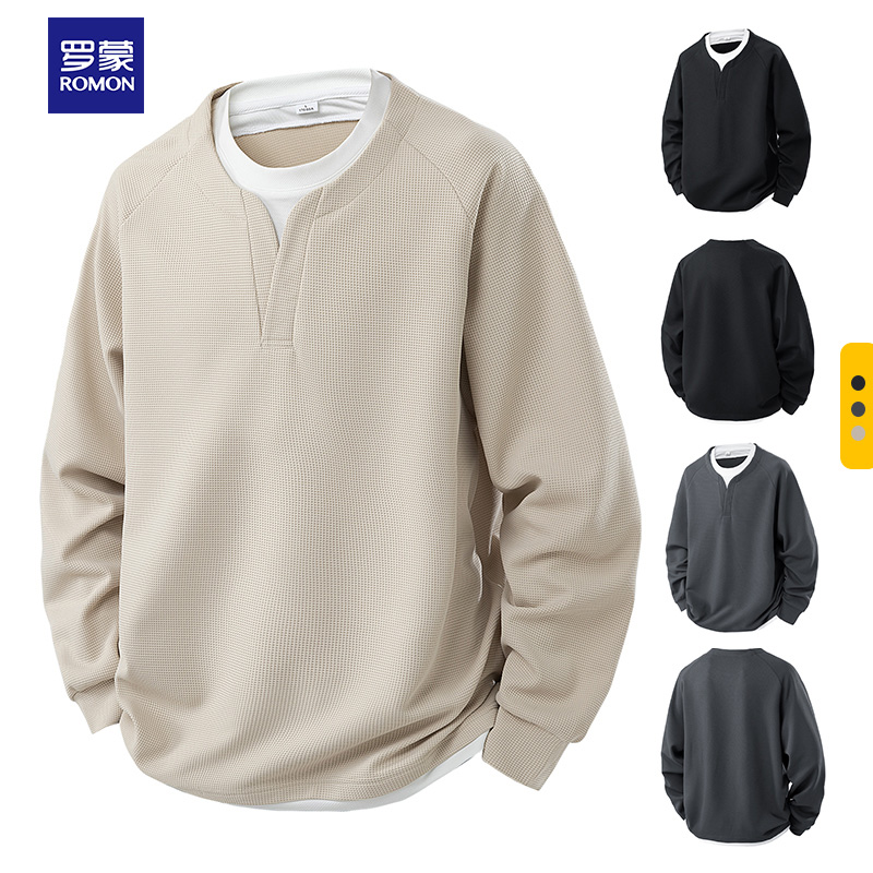 Romon/罗蒙圆领春秋季套头长袖卫衣男士时尚运动简约打底纯色潮流