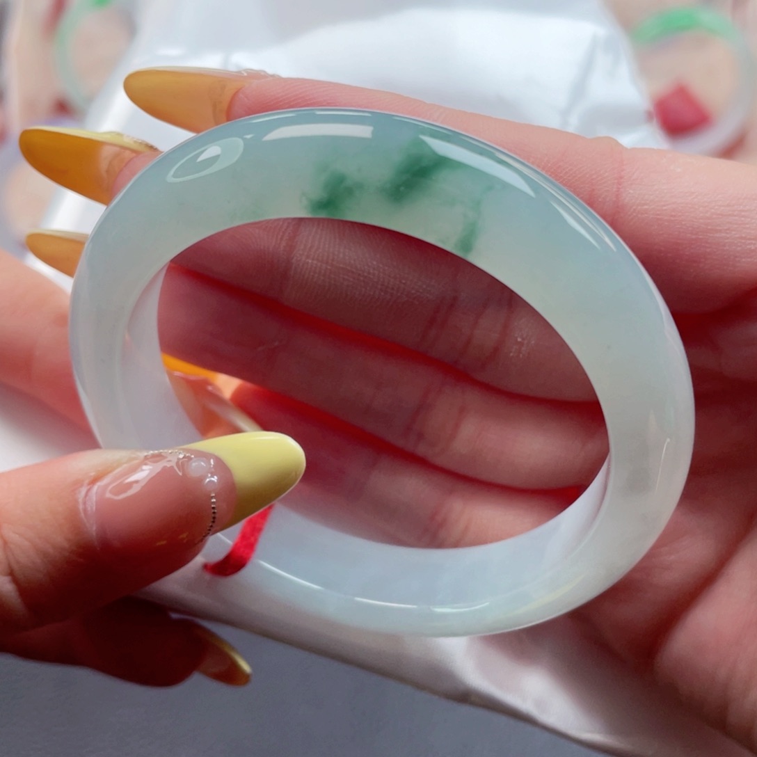 未镶嵌手镯翡翠54.7高糯化种水蓝底飘花镯 小万捡漏7号