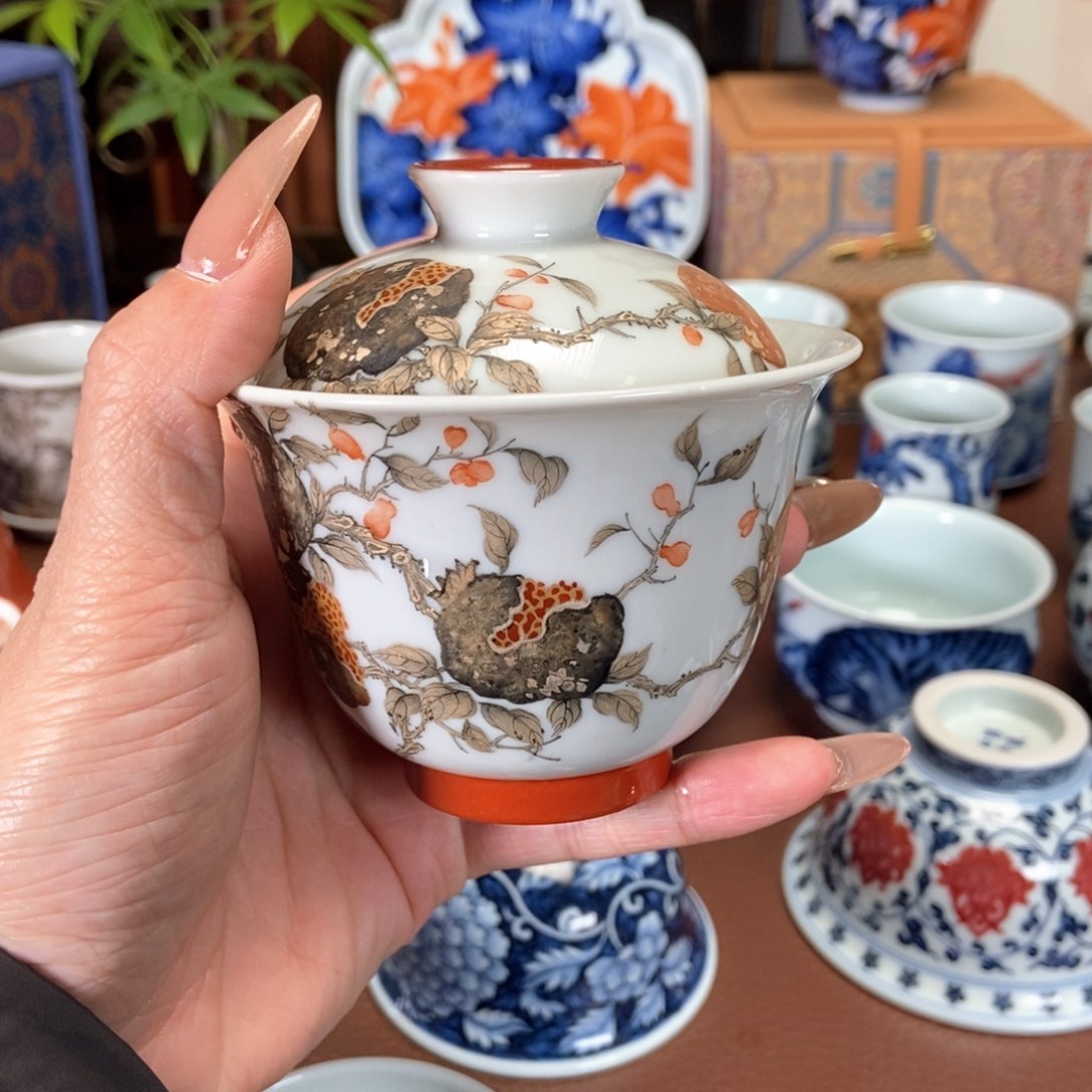 瓷云楼老油红石榴盖碗