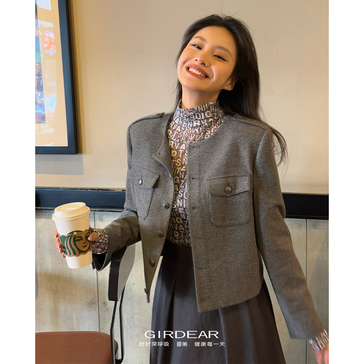 GIRDEAR/哥弟冬季高级简约气质复古长袖红色小香风短外套1400688