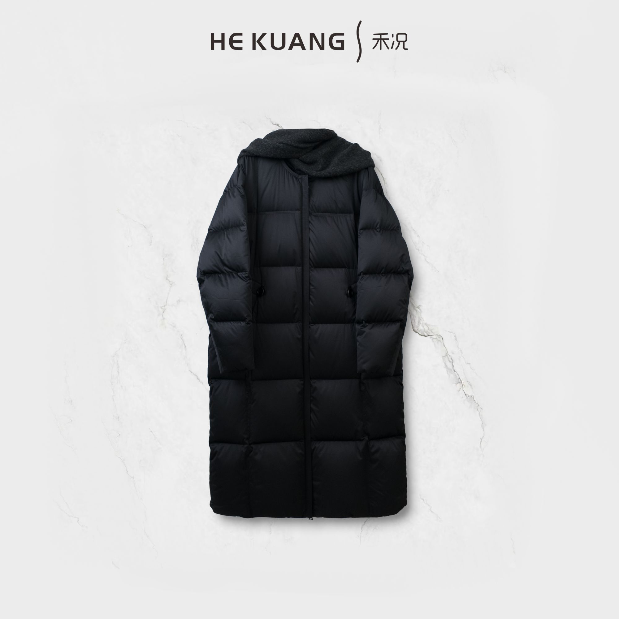 【禾况HEKUANG】简约H型长款极简贵气可拆卸围脖帽鹅绒服ZF892