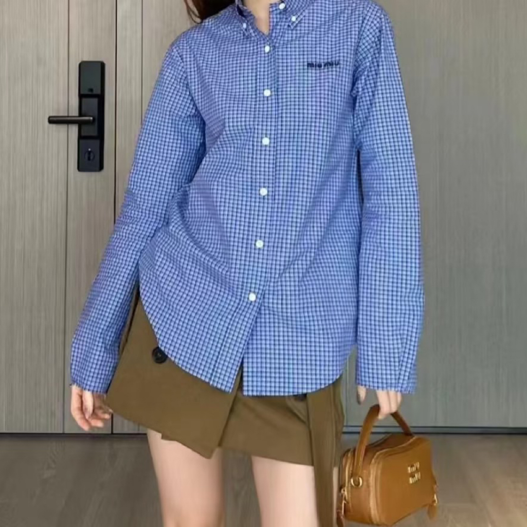 未使用 MIU MIU/缪缪 细格纹字母logo刺绣蓝色衬衫/36码/L51903