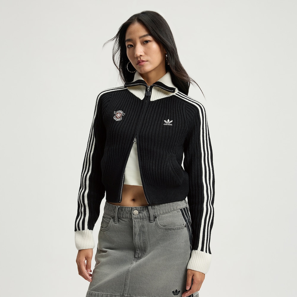 Adidas三叶草TEAM FULLZIP SWEATER 全开襟运动修身针织衫 KF0718