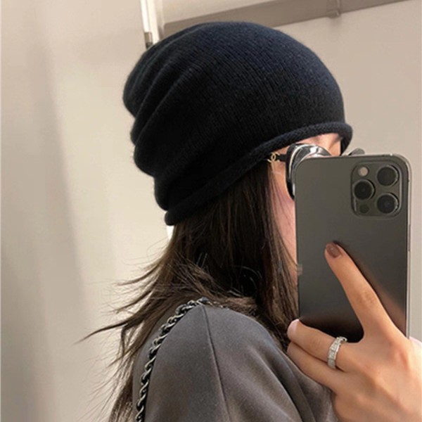 100羊毛平面卷边帽双股针织帽子