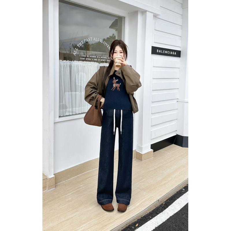 （实体店品质）孕妇牛仔冬季新款宽松版加厚绒款显瘦直阔腿牛仔