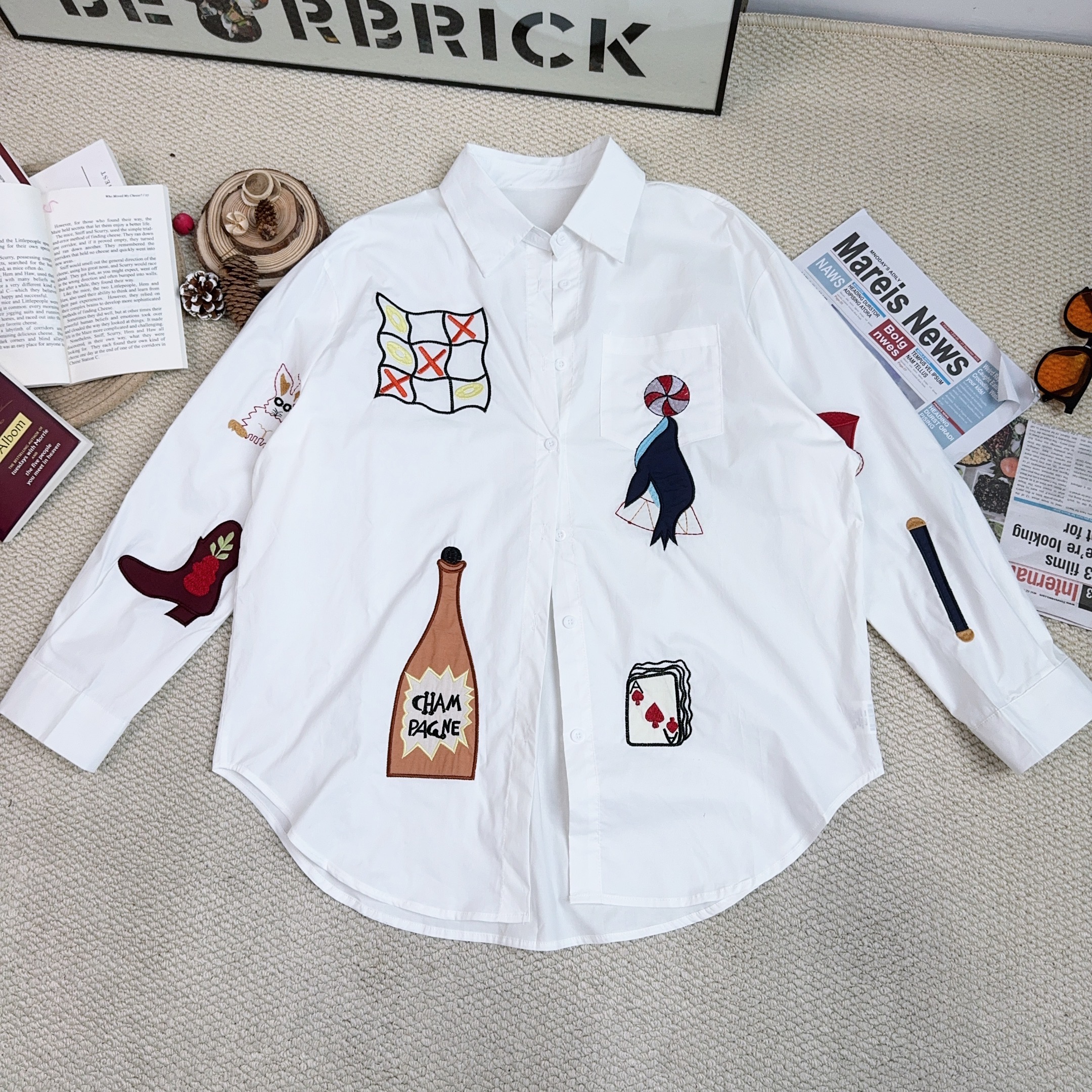 2025春季新款休闲百搭卡通刺绣长袖纯色衬衫外套9342