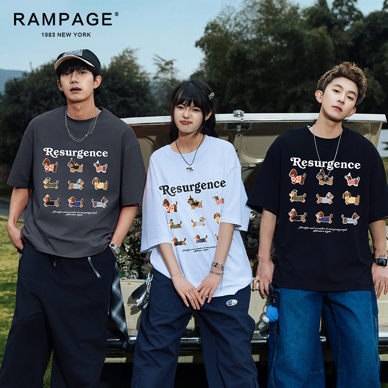 RAMPAGE夏季慵懒风休闲美式趣味卡通小狗印花圆领短袖T恤男女款