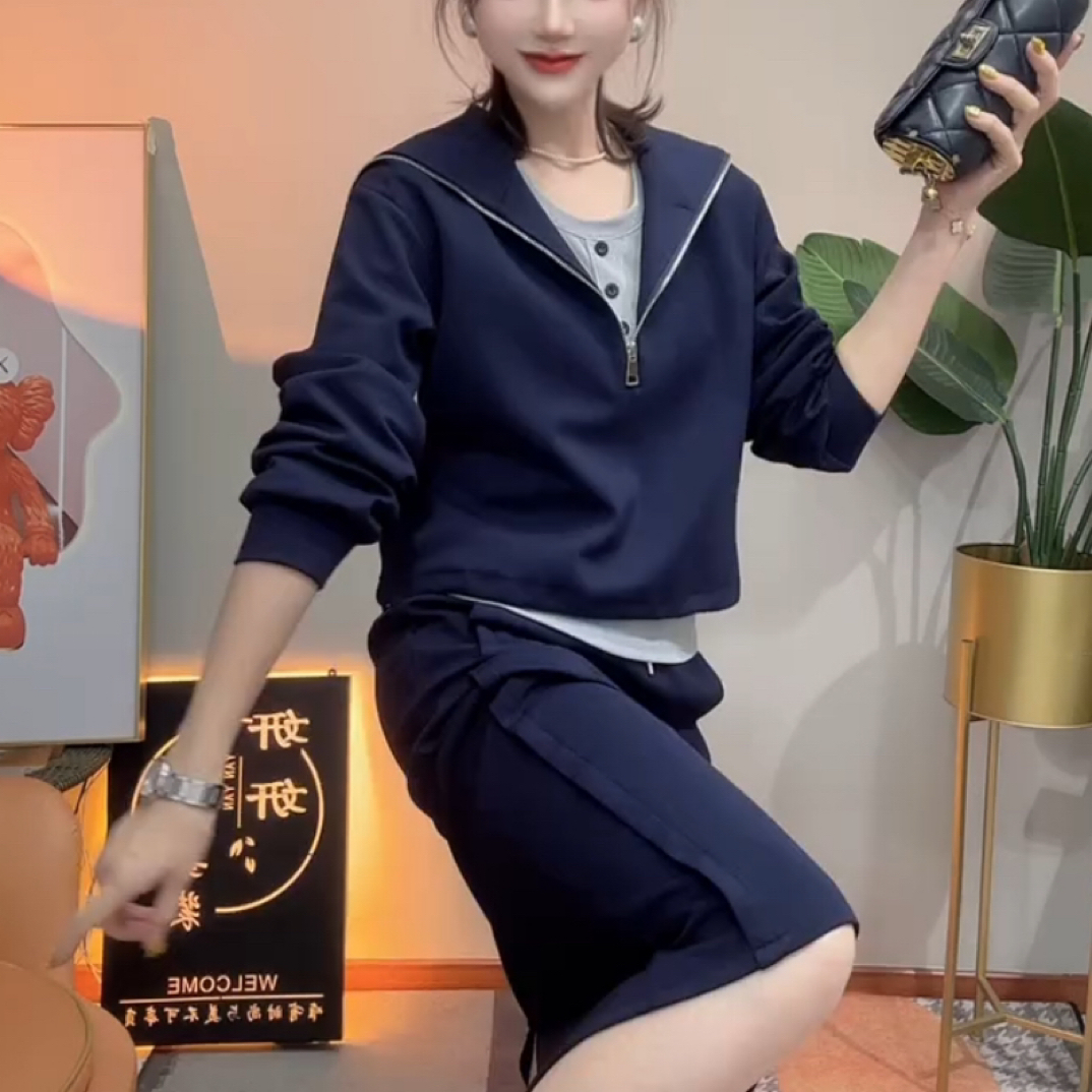 秋季时尚三件套裙连帽休闲过膝卫衣裙春季显瘦欧货减龄一整套私服