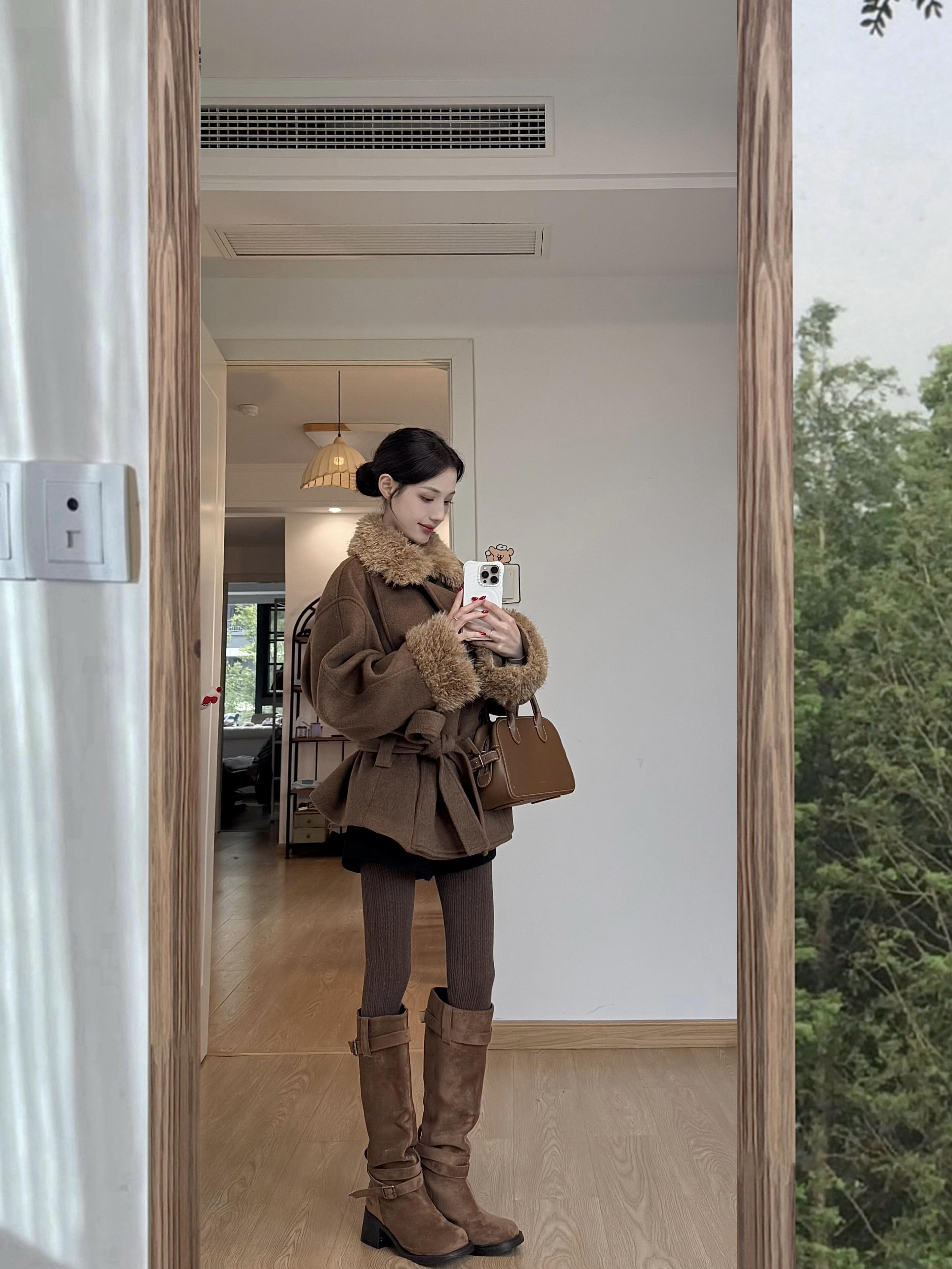 撞色毛领加厚保暖冬季设计感绑带收腰毛呢大衣外套女士小个子高级