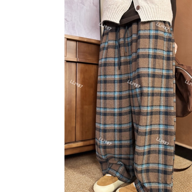 HY罗罗【棕蓝格纹】秋冬韩系时尚显高显瘦全松紧腰头抽绳直筒裤L271