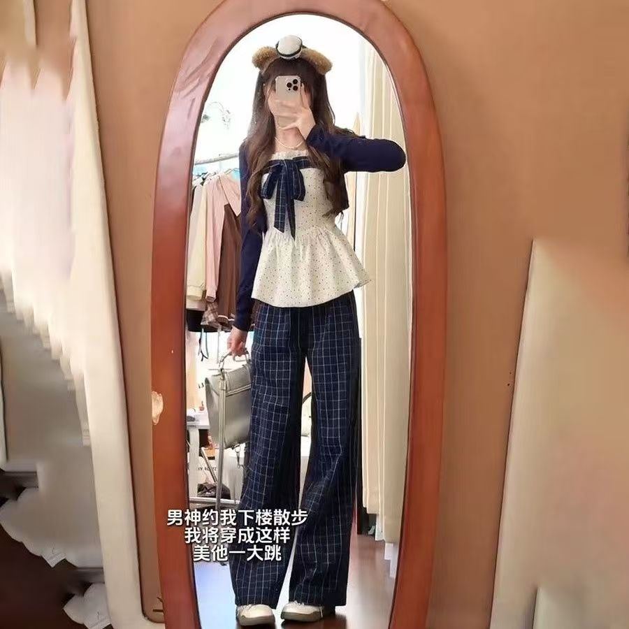 2025秋季新款韩系休闲气质穿搭开衫蝴蝶结上衣高腰格纹阔腿裤