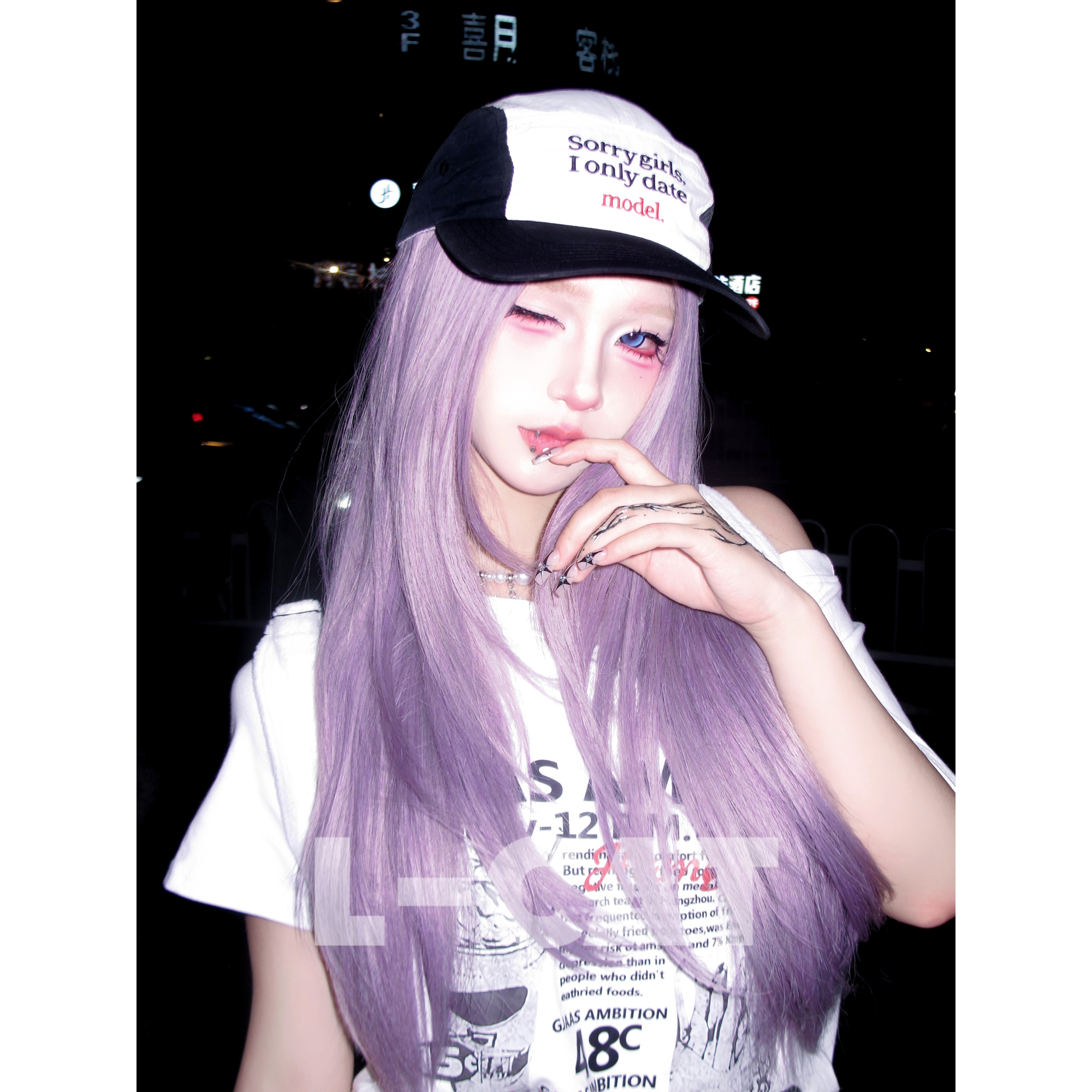 [葡萄霜]小额蕾丝中分灰紫色八字刘海长直发中长假发女自然潮色
