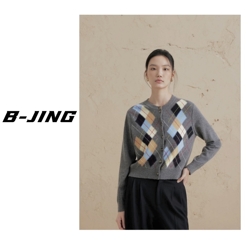 【白鲸】菱形格圆领开衫长袖时尚百搭宽松休闲6840