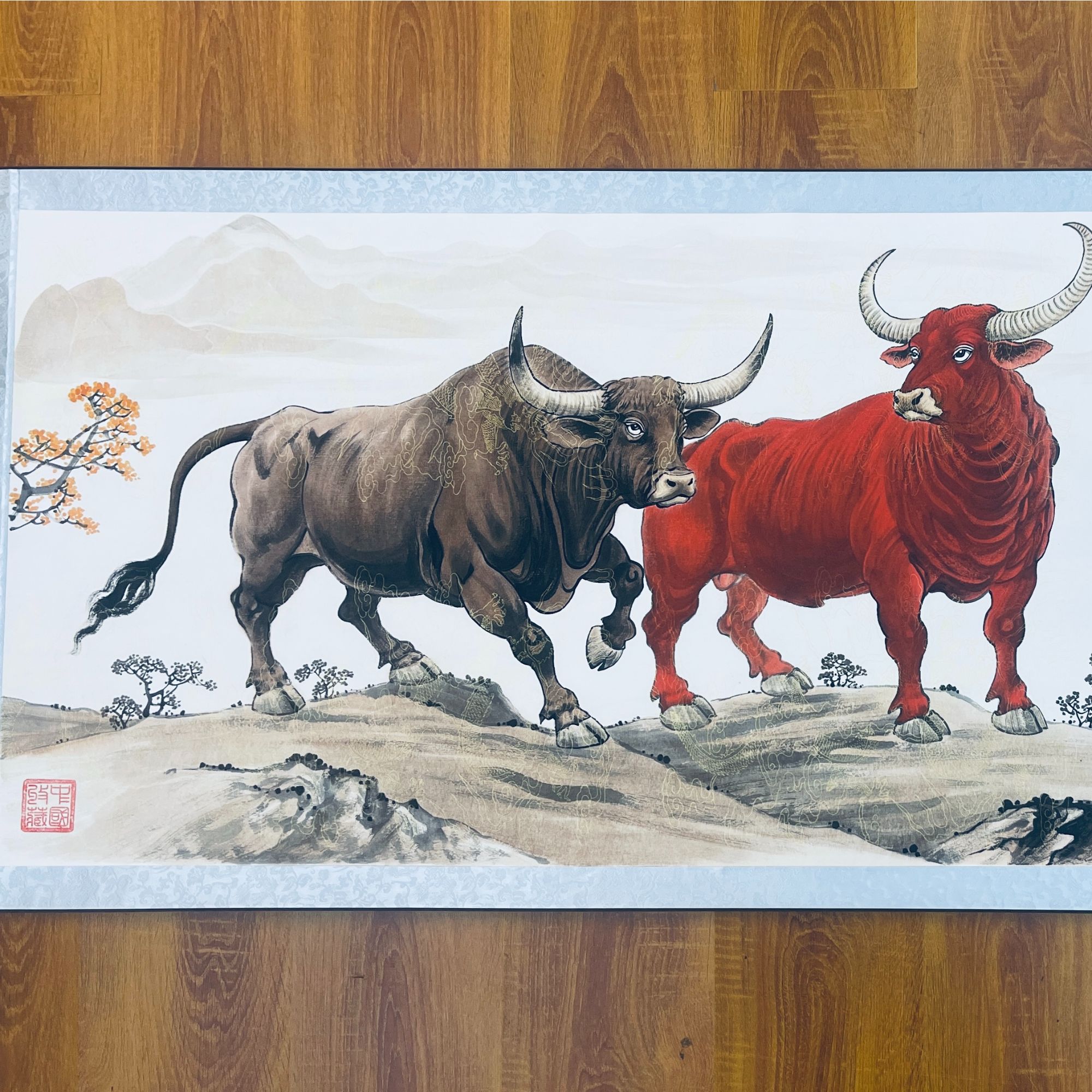 贾文华老师国画手绘作品 牛运长虹  六尺 横幅