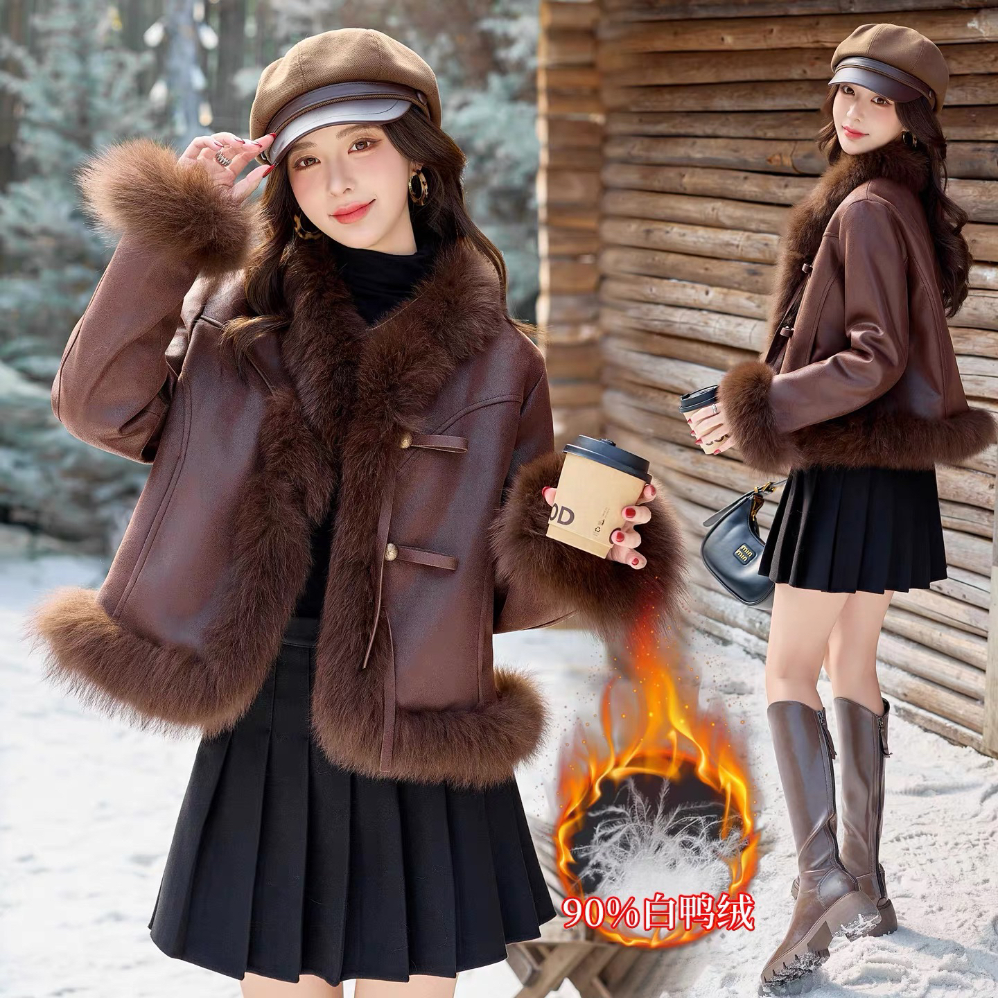 7316狐狸毛领拼接鹿皮绒白鸭绒羽绒服冬季保暖短外套