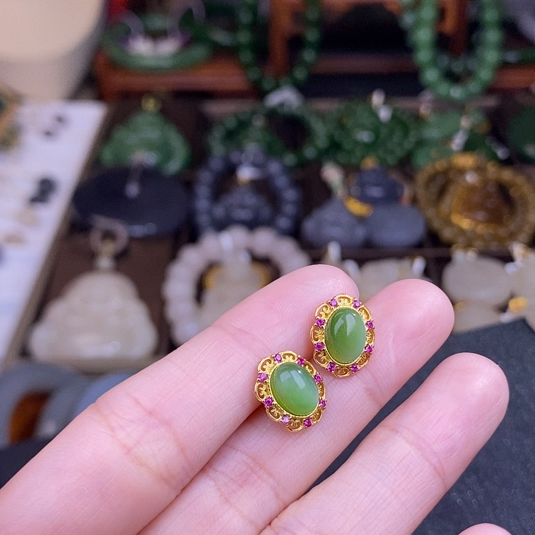 和田玉多样性发一 925.银碧玉耳钉未镶嵌