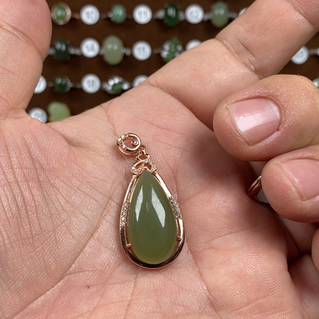 和田玉（青白玉）戒指银S925镀金镶嵌