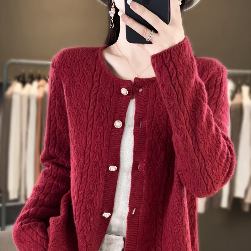高级安哥拉红外套！加肥加大秋冬钩花圆领100纯羊毛开衫女宽松加厚