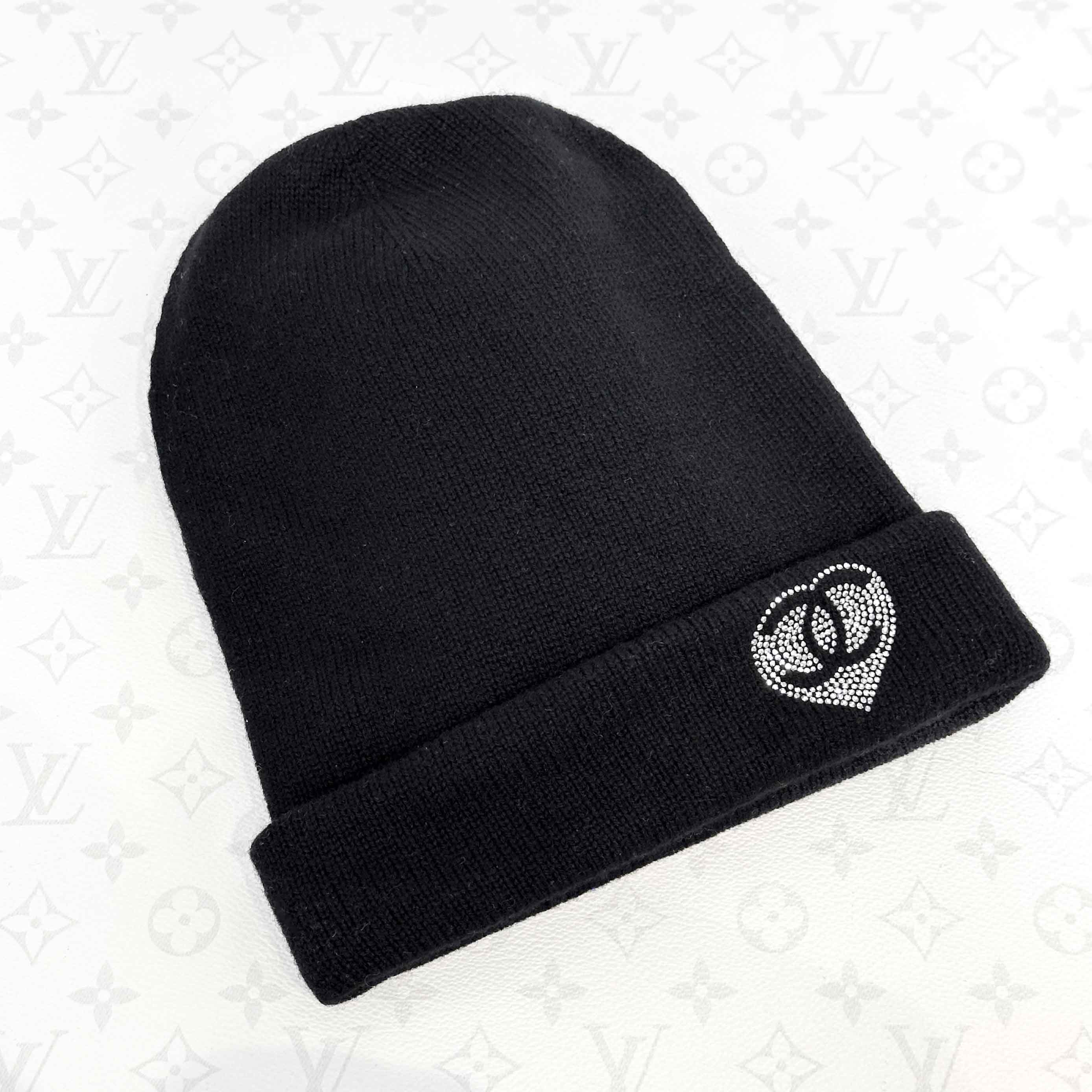 99新 Chanel/香奈儿 25C黑色水钻爱心双C针织冷帽 