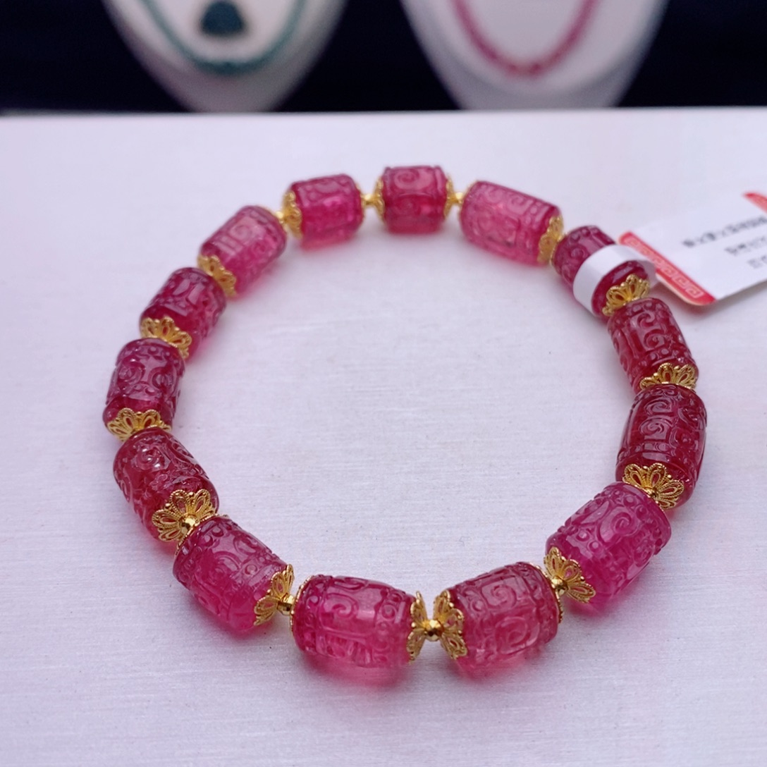 18K金镶嵌手链碧玺回纹桶珠手链yy