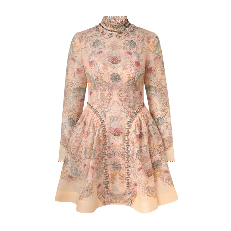 早春新款高定手工编制重工丝麻印花小立领束腰长袖时尚气质连衣裙