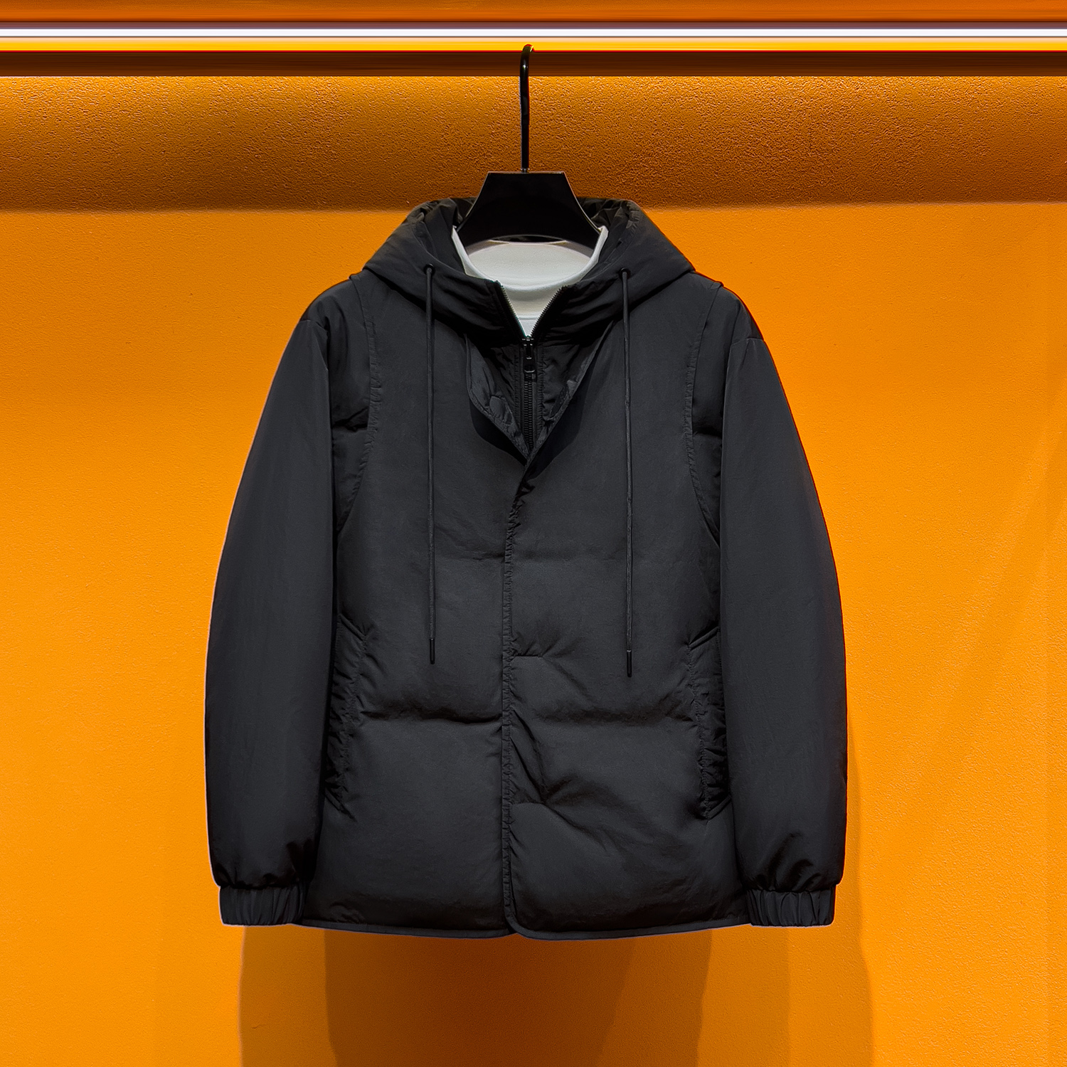 冬季新款加厚白鸭绒羽绒服男士时尚拼接假两件连帽保暖外套工装风