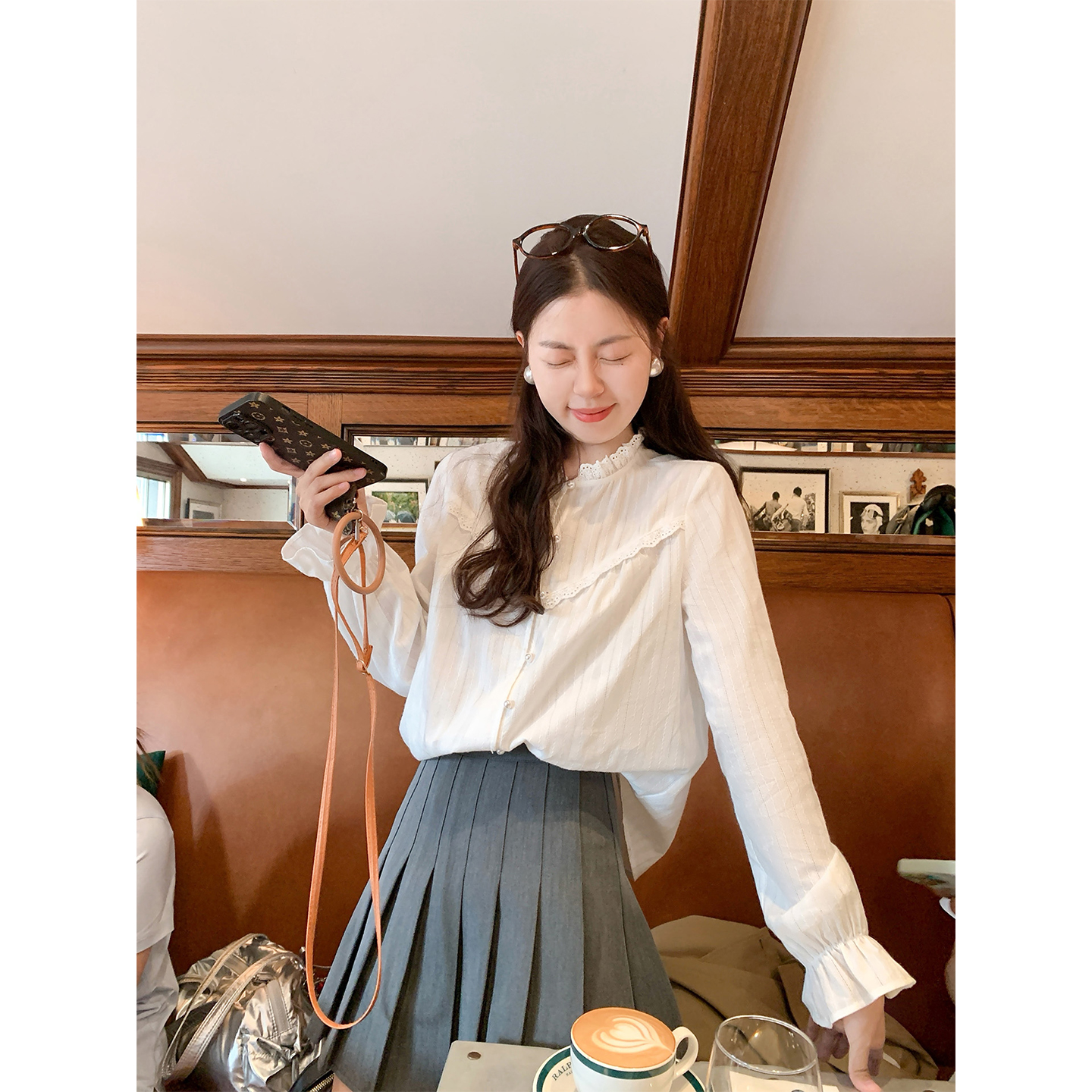 曾小咸 法式气质木耳边白色花边领长袖衬衫Z253CSH9195 