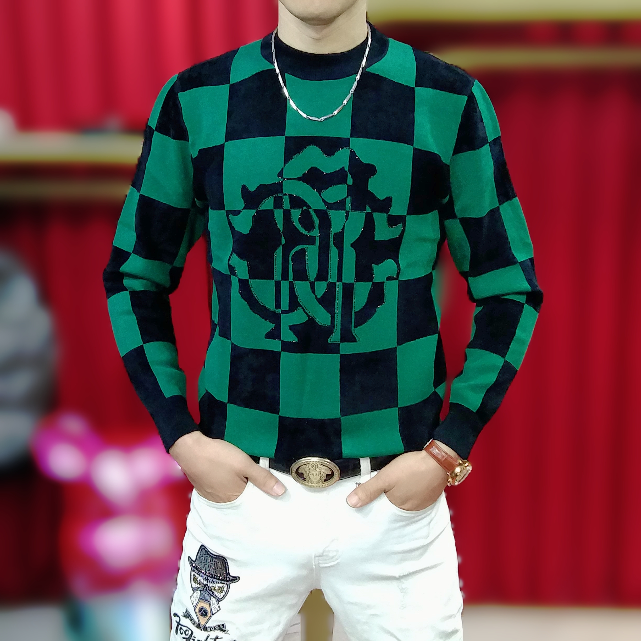 男士秋冬新款休闲时尚格子提花针织潮流修身帅气圆领打底厚款毛衣