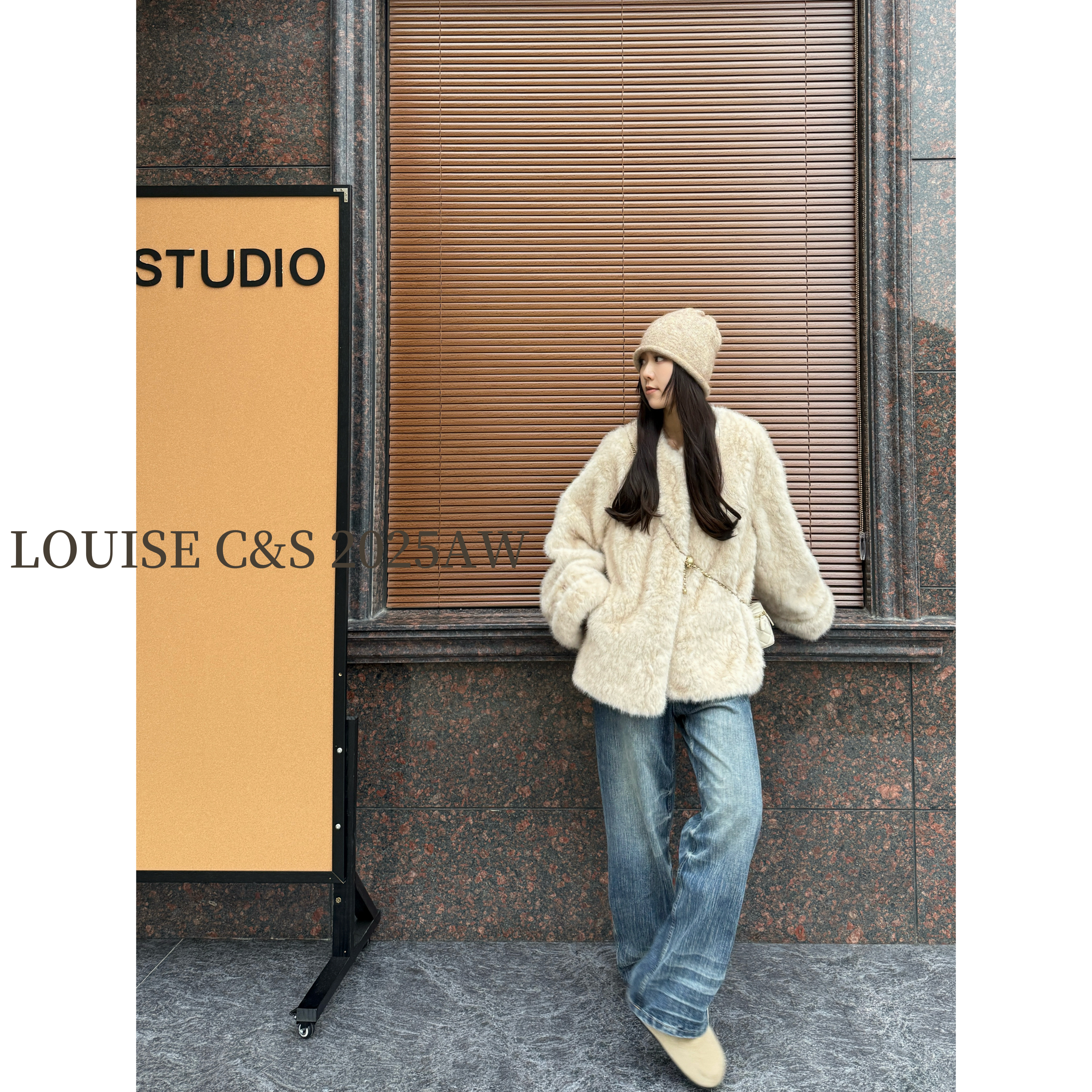 ALU“本命小湖羊”宽松慵懒氛围感圆领大卷袖仿小湖羊毛毛外套女冬