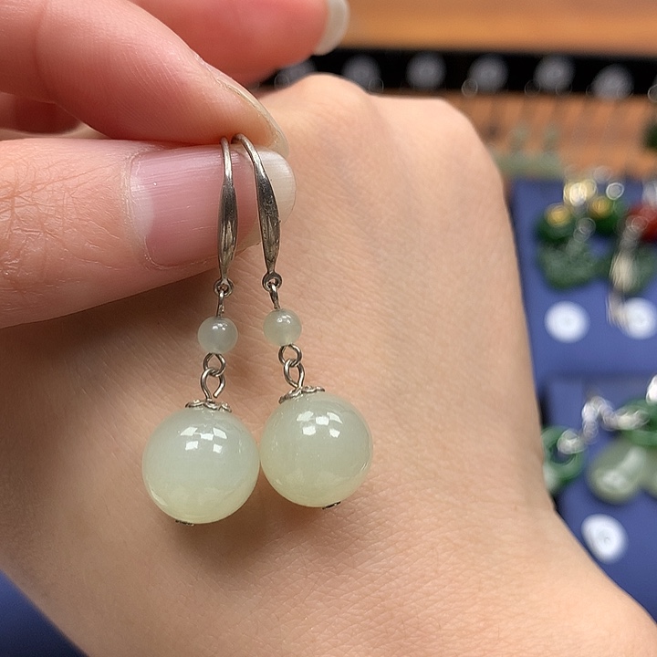 和田玉银S925镶嵌耳饰10左右暖白