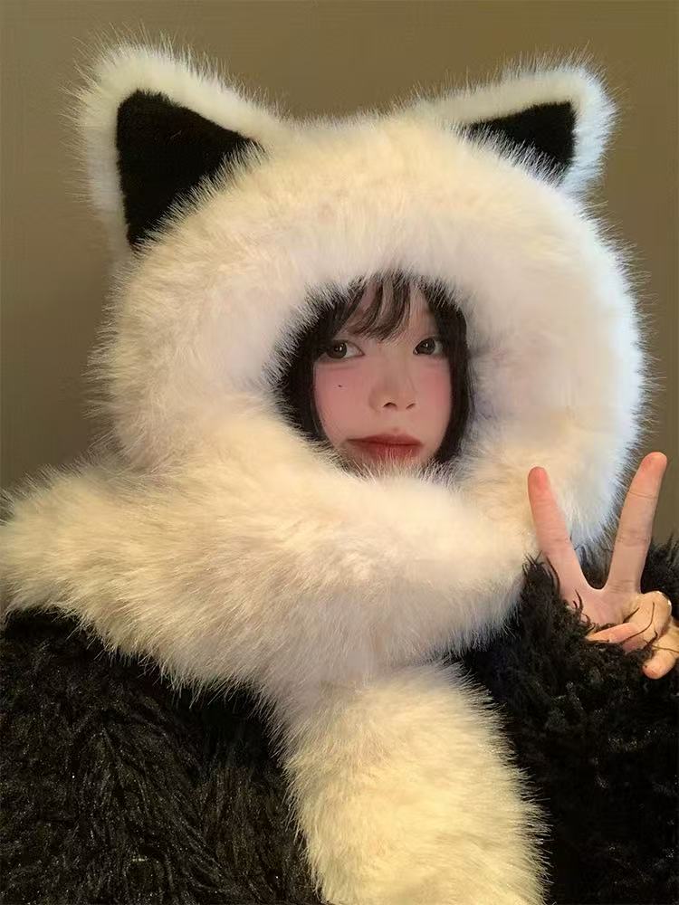 狐狸耳朵帽子围巾一体女冬季毛绒绒加厚保暖显脸小防寒护耳雷锋帽