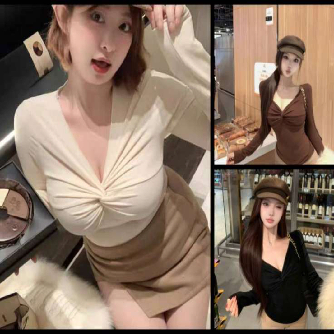 大码纯欲风扭结v领长袖T恤女秋冬新款修身显瘦打底衫磨毛内搭上衣