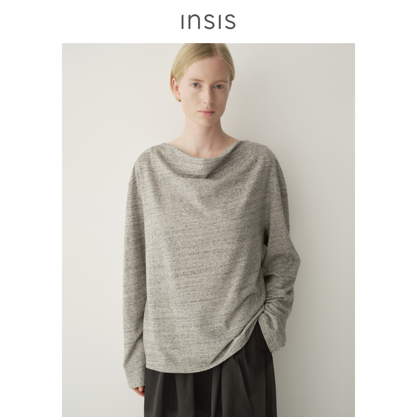 INSIS FEMME羊毛棉质2026春季简约文艺风松弛感荡领长袖T恤上衣女