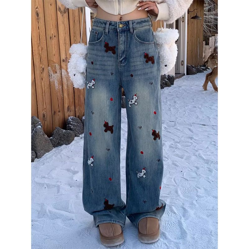 【现货+运费险】高腰宽松百搭刺绣直筒牛仔裤秋冬显瘦遮肉阔腿裤610