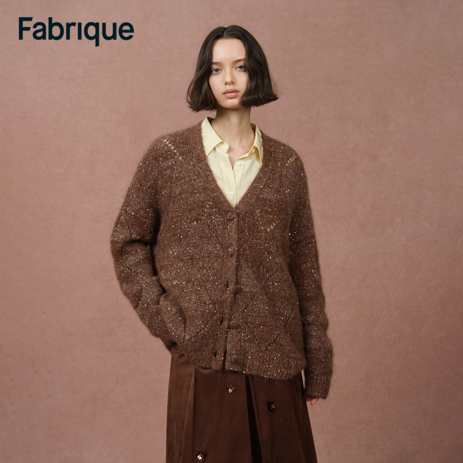 Fabrique Lila 秋冬新品焦糖棕亮片羊驼毛菱格休闲镂空针织开衫