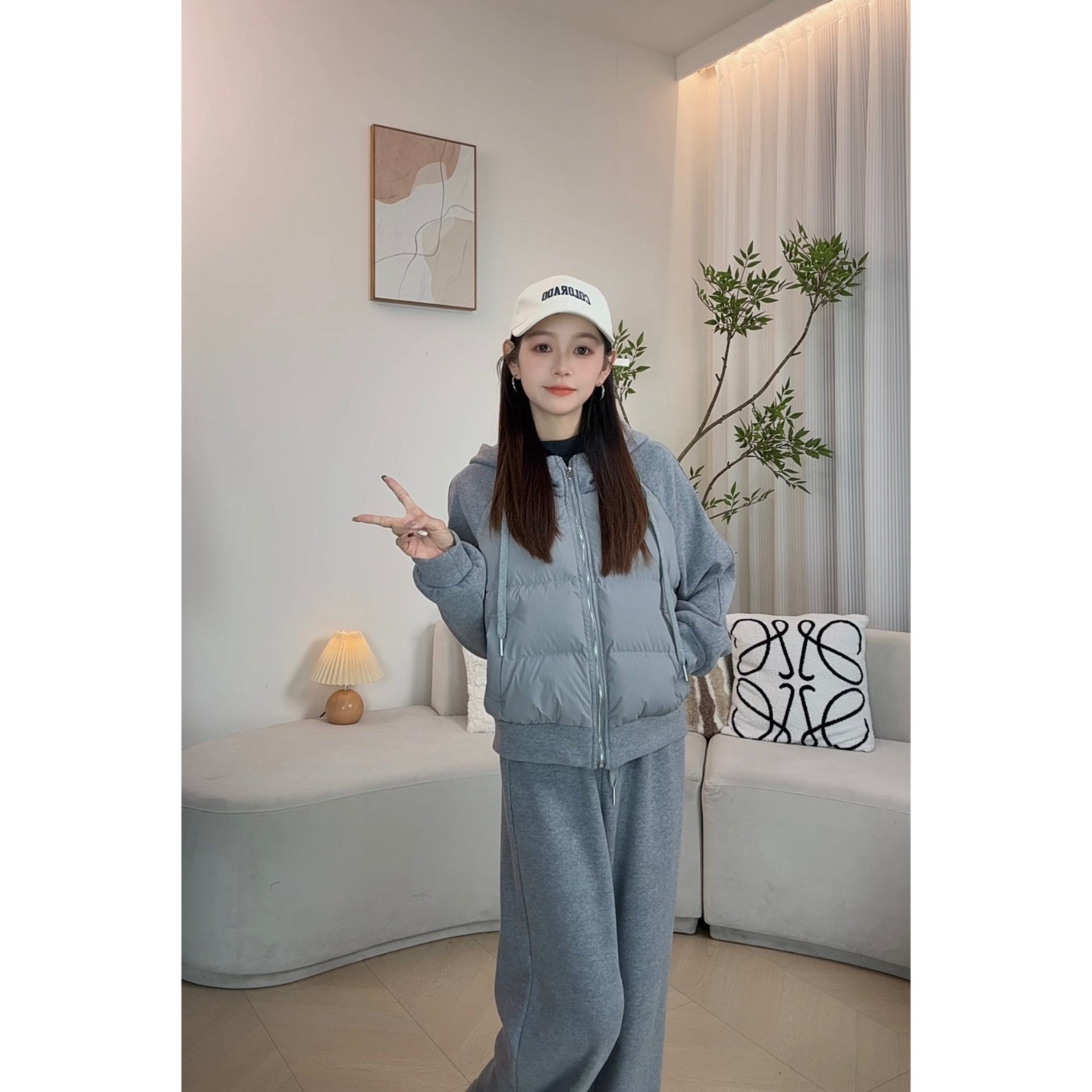 【小蓝严选】冬季显瘦百搭休闲连帽棉服+加绒休闲裤套装-YJ-2716