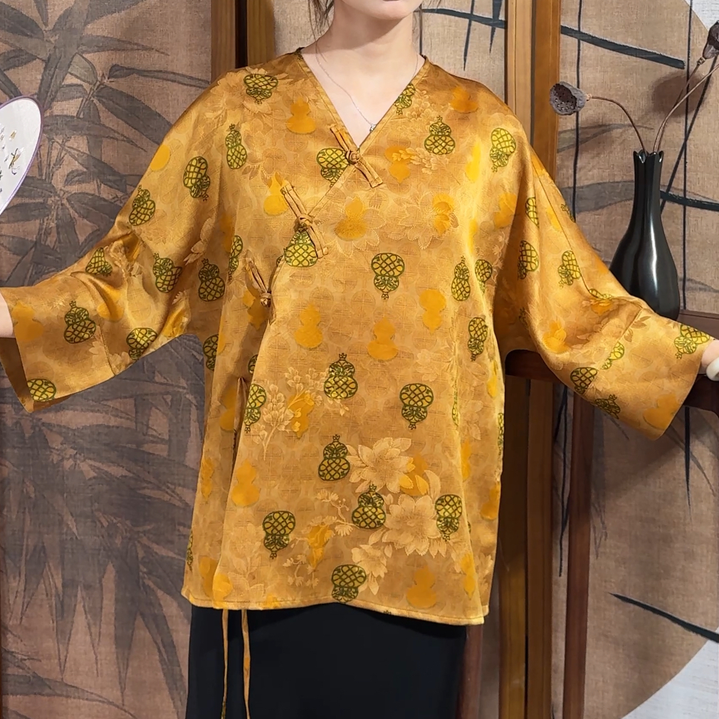  桑蚕丝香云纱花罗70长V领毛衫女装新中式夏季复古古风中国风