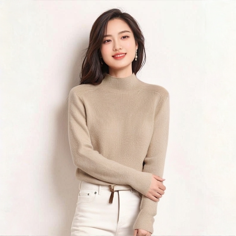 福利精品半高领一线无缝成衣女士纯山羊绒套头毛衣百搭修身针织
