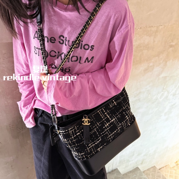 95新 Chanel/香奈儿 复燃精选/黑白毛呢编织中号流浪斜挎包