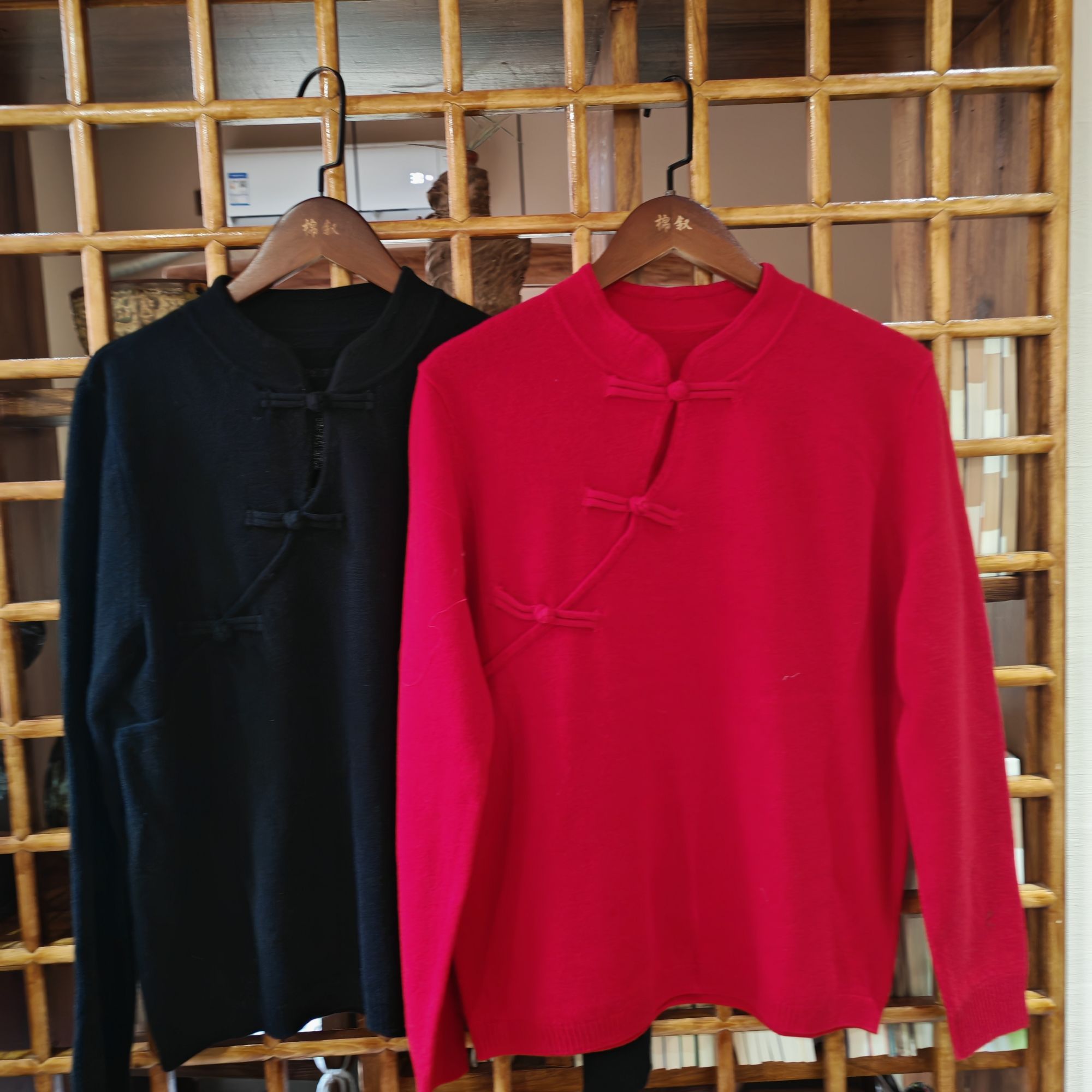 棉叙布衣分享秋冬中式盘扣针织毛衣复古立领上衣红色