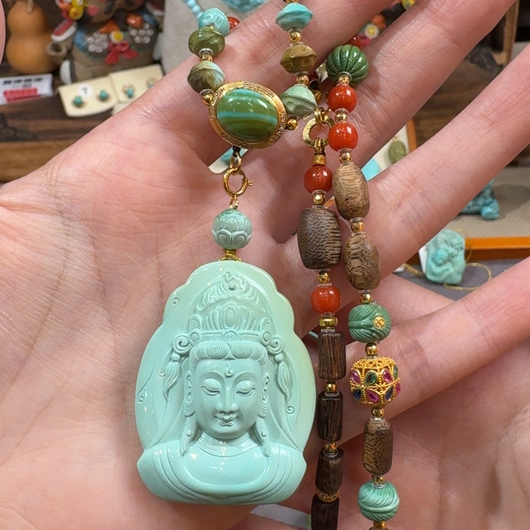 绿松石18K金镶嵌毛衣链观音