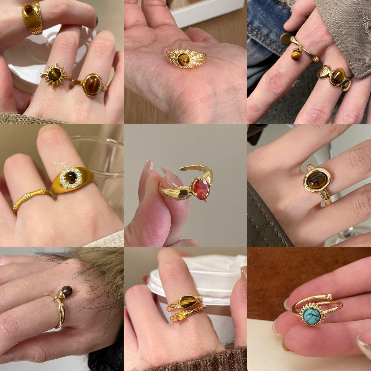 合金锆石戒指 中古风气质小众高级感新中式国潮珐琅烧蓝开口戒指