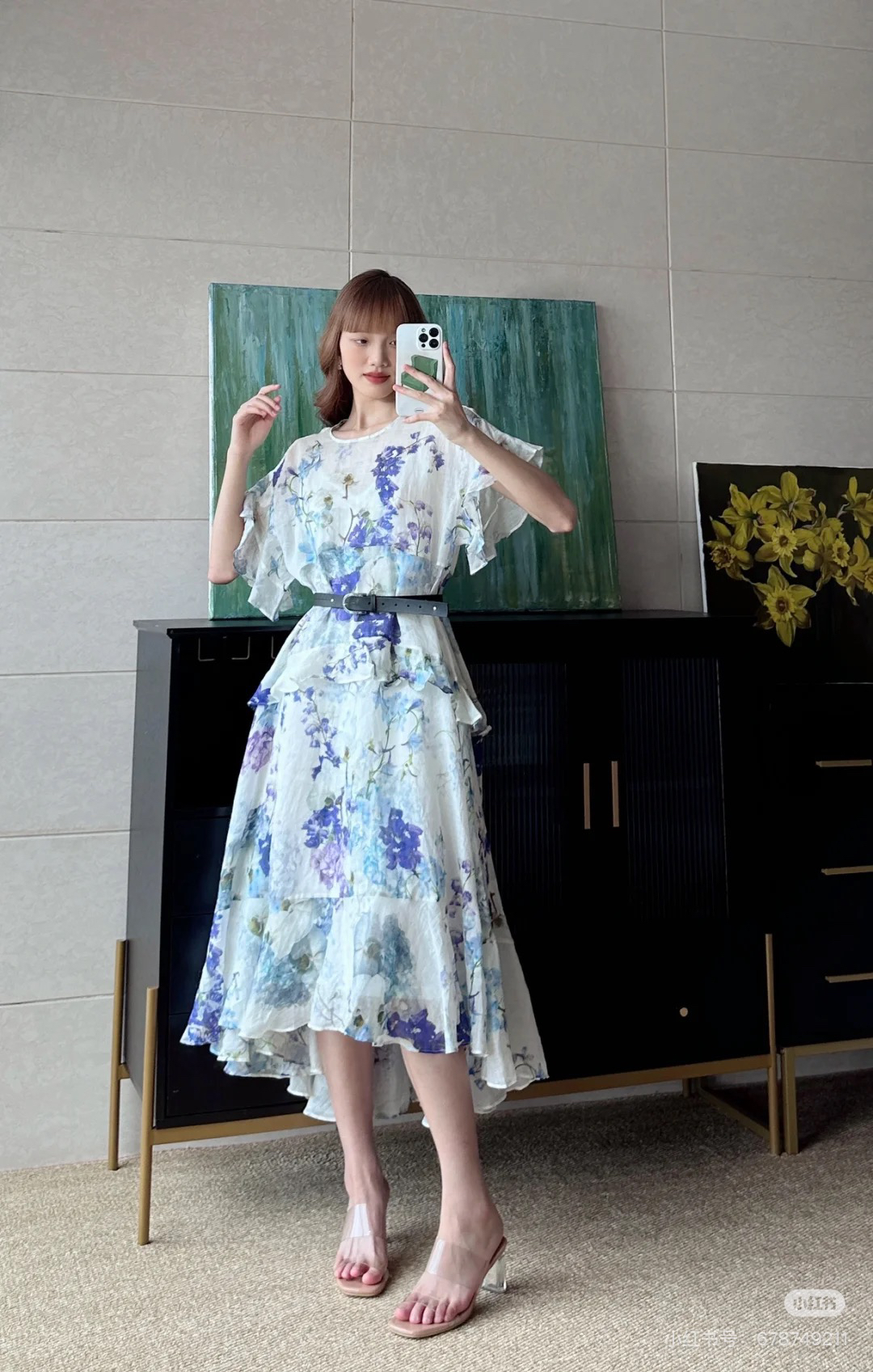 碎花中法式夏季印花宽松腰连衣裙时尚苎麻优雅女装复古气质