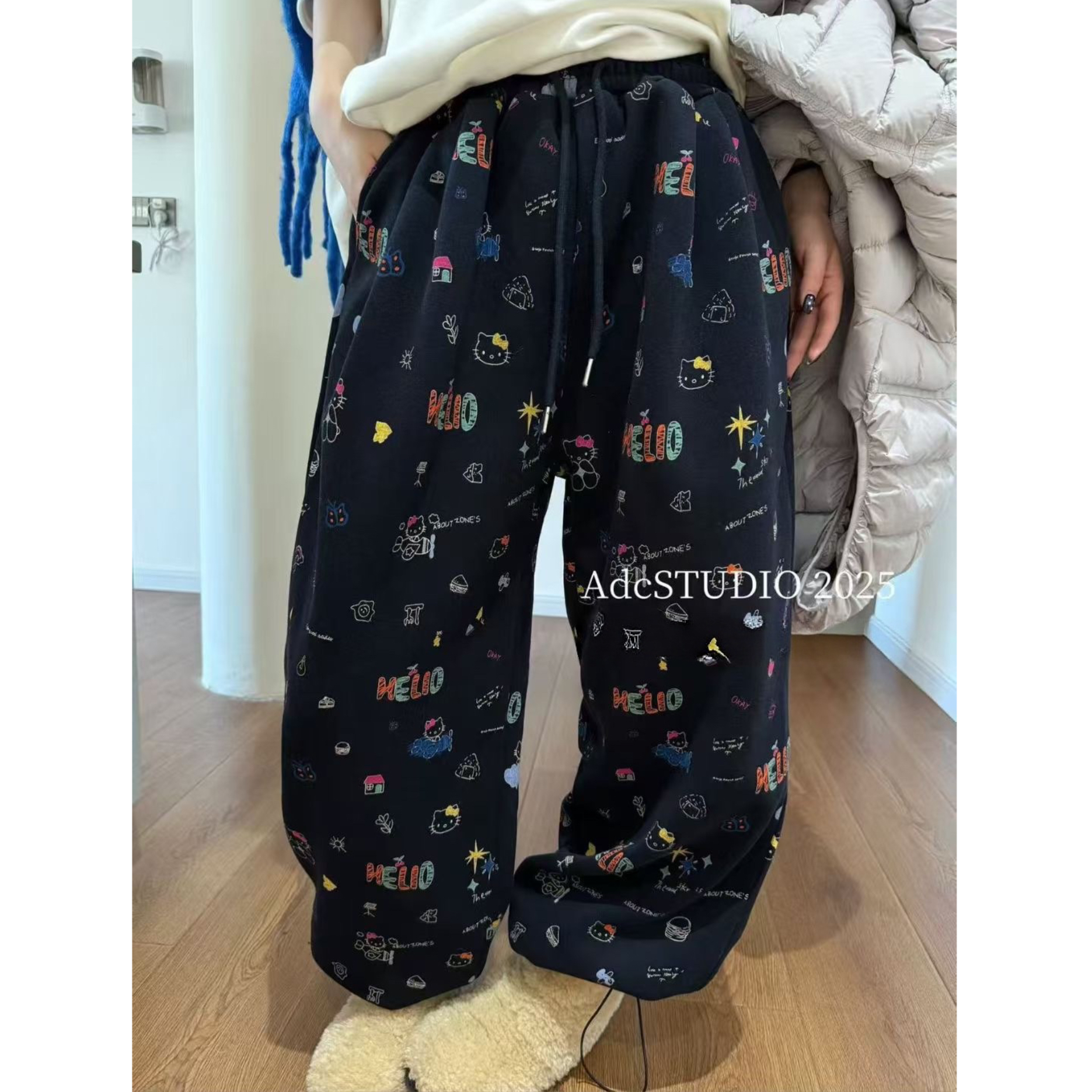 【现货-满印KT猫束脚裤】東room冬款韩版松紧腰KT猫加绒拖地裤女