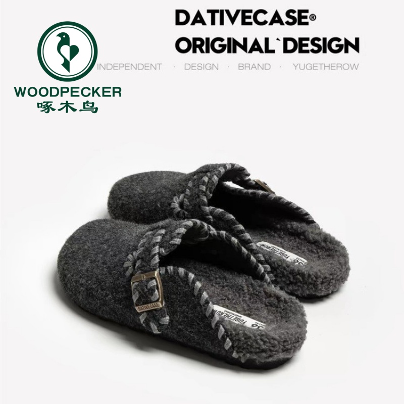 啄木鸟2025新款毛呢毛毡勃肯鞋女包头半拖鞋单鞋加绒雪地休闲鞋