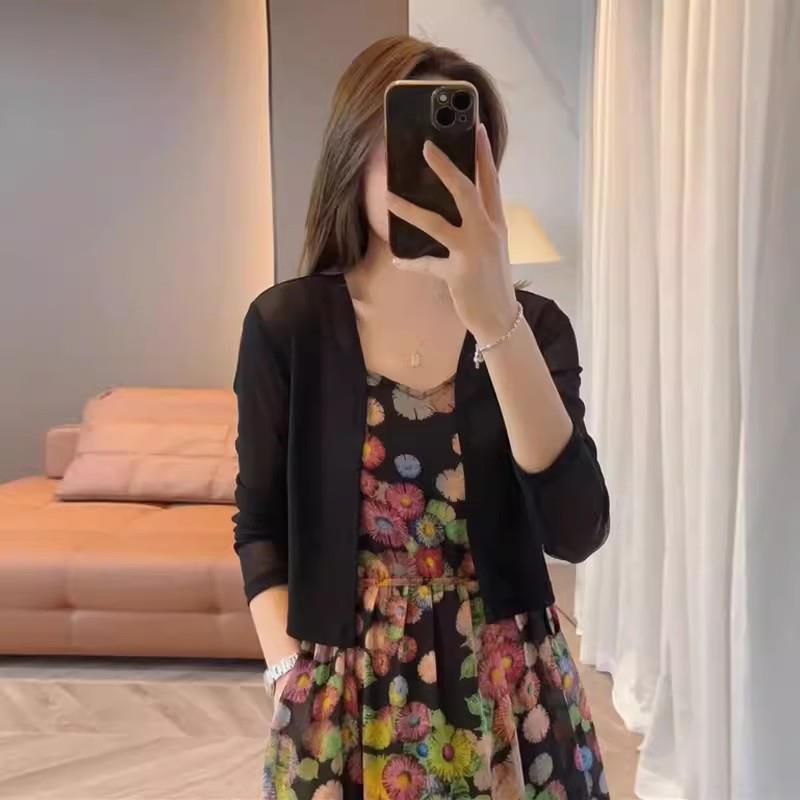 2025夏季新款女士防晒纯色百搭开衫外套吊带裙短款休闲冰丝针织衫